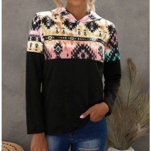 Black Aztec Print Color Block Hoodie